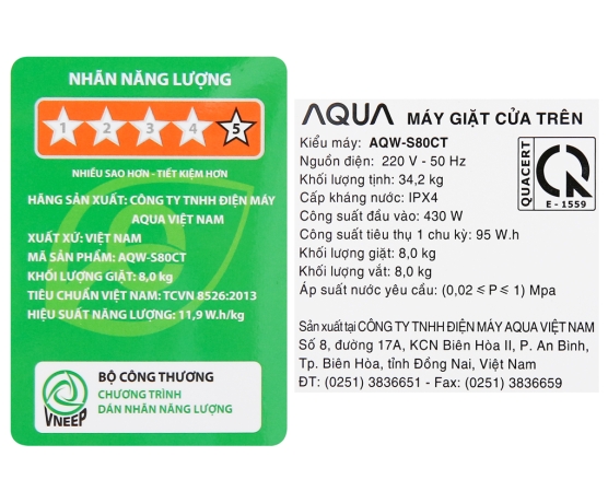  MÁY GIẶT AQUA 8 KG AQW-S80CT H2